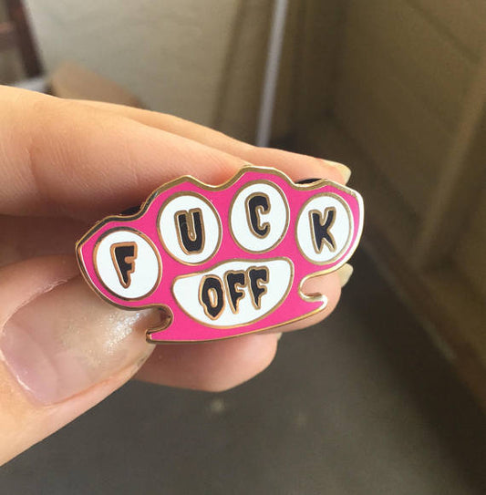 Fuck off brass knuckles enamel pin - Radical Buttons