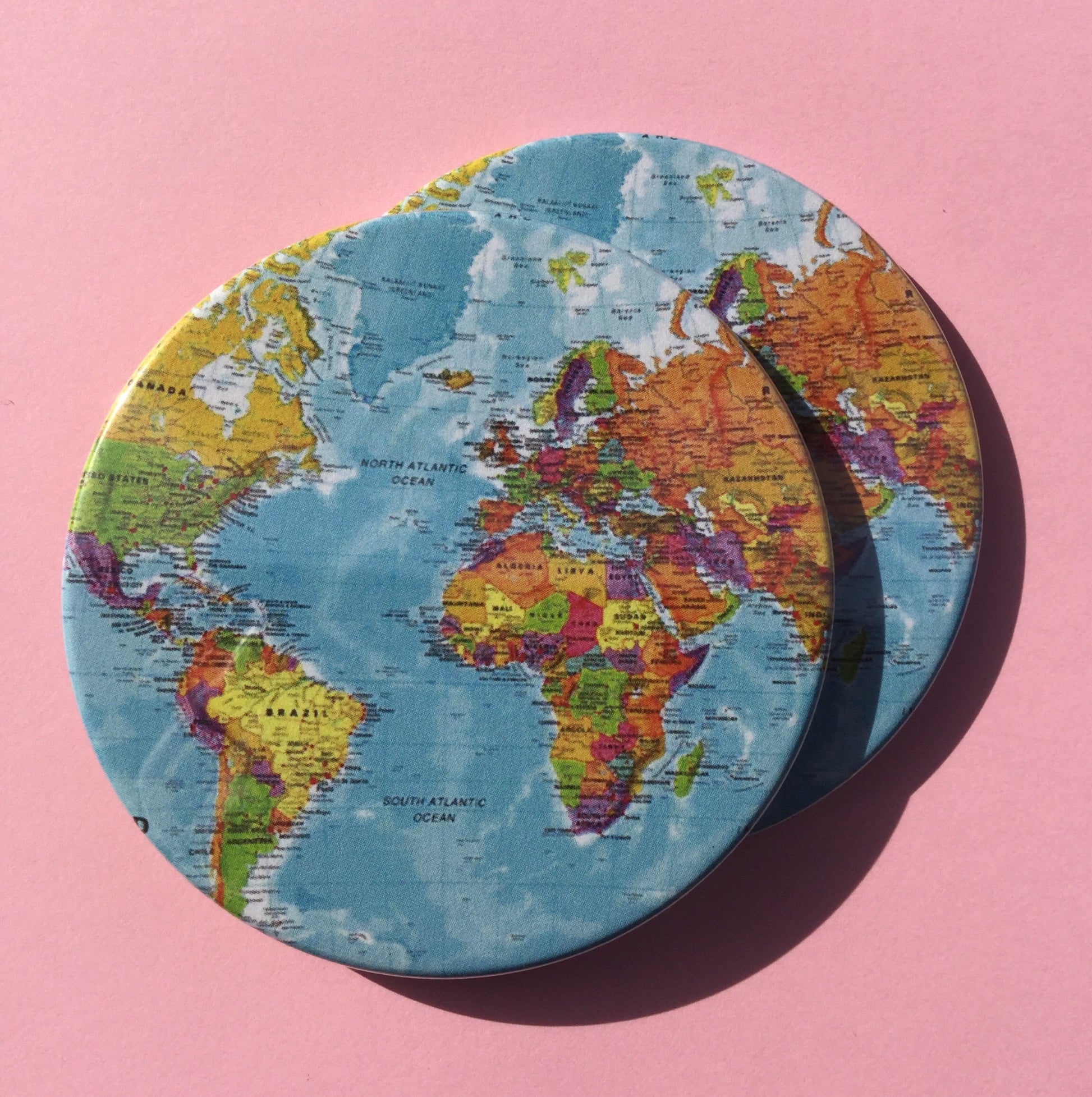 World map coaster set / World map drink coasters - Radical Buttons