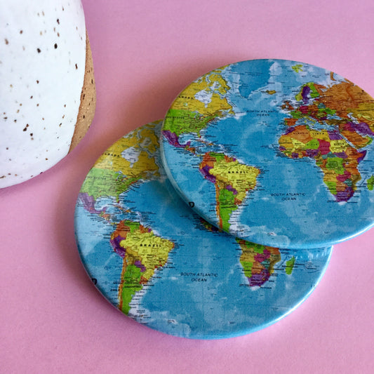 World map coaster set / World map drink coasters - Radical Buttons